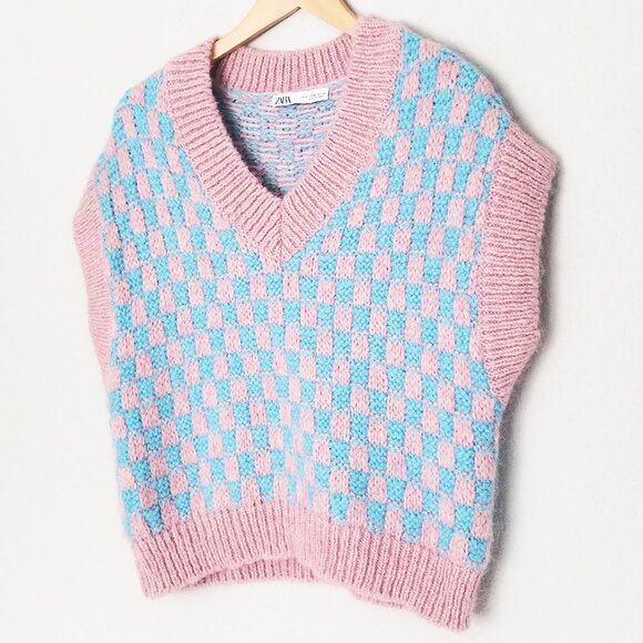 Zara Pink Blue Wool Blend Knit Vest V-neckline Checkerboard S Preppy Classic - Picture 5 of 15